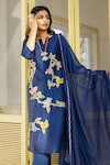 Shop_aindhri by mahitha_Blue Kurta Raw Silk Hand Painted Birds Kalamkari Notched Applique Pant Set_Online_at_Aza_Fashions