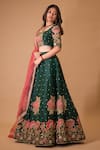 aindhri by mahitha_Emerald Green Organza Hand Painted Rose Kalamkari Applique Lehenga Blouse Set _Online_at_Aza_Fashions