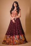 aindhri by mahitha_Maroon Chennur Sillk Hand Painted Ajantha Kalamkari Lehenga And Peplum Blouse Set _Online_at_Aza_Fashions