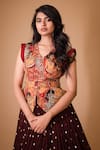 Shop_aindhri by mahitha_Maroon Chennur Sillk Hand Painted Ajantha Kalamkari Lehenga And Peplum Blouse Set _Online_at_Aza_Fashions