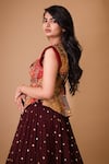 Shop_aindhri by mahitha_Maroon Chennur Sillk Hand Painted Ajantha Kalamkari Lehenga And Peplum Blouse Set _at_Aza_Fashions