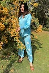 Shop_Gulaal_Blue Modal Satin Printed Hand Tie-dyed Bandhani Collar Shirt And Pant Set_Online