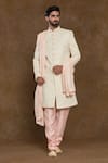 Aryavir Malhotra_Peach Sherwani Pure Silk Hand Work Floral Sequin Embellished Set_at_Aza_Fashions