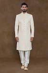 Aryavir Malhotra_Cream Sherwani Pure Silk Hand Work Floral Sequin Embellished Churidar Set _Online_at_Aza_Fashions