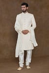 Shop_Aryavir Malhotra_Cream Sherwani Pure Silk Hand Work Floral Sequin Embellished Churidar Set _Online_at_Aza_Fashions