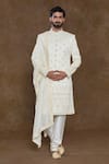 Buy_Aryavir Malhotra_Off White Sherwani Pure Silk Hand Work Floral Buta Embellished Churidar Set _at_Aza_Fashions