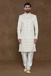 Aryavir Malhotra_Off White Sherwani Pure Silk Hand Work Floral Buta Embellished Churidar Set _Online_at_Aza_Fashions