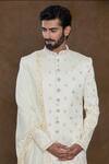 Shop_Aryavir Malhotra_Off White Sherwani Pure Silk Hand Work Floral Buta Embellished Churidar Set _Online_at_Aza_Fashions