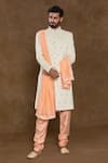 Buy_Aryavir Malhotra_Cream Sherwani Pure Silk Hand Work Floral Sequin Embellished Set _Online_at_Aza_Fashions