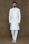 Aryavir Malhotra_White Churidar Art Silk Hand Work Geometric Sequin Embellished Sherwani Set _Online_at_Aza_Fashions