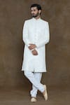 Shop_Aryavir Malhotra_White Churidar Art Silk Hand Work Geometric Sequin Embellished Sherwani Set _Online_at_Aza_Fashions