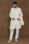 Buy_Aryavir Malhotra_Cream Kurta Pure Silk Hand Work Sequin Geometric Sherwani Set _at_Aza_Fashions