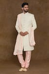 Buy_Aryavir Malhotra_Peach Sherwani Pure Silk Hand Embroidered Sequin Set _at_Aza_Fashions