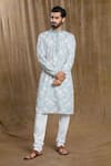 Buy_Arihant Rai Sinha_Blue Kurta Cotton Printed Floral Mandarin Collar And Pyjama Set _at_Aza_Fashions