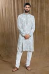 Shop_Arihant Rai Sinha_Blue Kurta Cotton Printed Floral Mandarin Collar And Pyjama Set _Online_at_Aza_Fashions