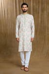 Buy_Aryavir Malhotra_Grey Kurta Cotton Printed Floral Straight And Pyjama Set _Online_at_Aza_Fashions