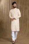 Buy_Aryavir Malhotra_Cream Kurta Cotton Printed Floral Straight Mandarin Collar And Pyjama Set _at_Aza_Fashions