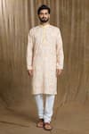 Aryavir Malhotra_Cream Kurta Cotton Printed Floral Straight Mandarin Collar And Pyjama Set _Online_at_Aza_Fashions