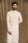 Shop_Aryavir Malhotra_Cream Kurta Cotton Printed Floral Straight Mandarin Collar And Pyjama Set _Online_at_Aza_Fashions