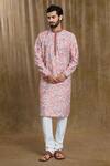 Arihant Rai Sinha Peach Cotton, Silk Embroidery Straight Kurta With Pyjama Online at Aza Fashions Arihant Rai Sinha_Peach Cotton, Silk Embroidery Straight Kurta With Pyjama_Online_at_Aza_Fashions