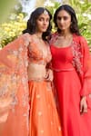 Shop_Dolly J_Orange Organza Embellished Anahita Zardozi Embroidered Cape Woven Lehenga Set _Online_at_Aza_Fashions