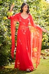 Buy_Dolly J_Orange Chiffon Embroidery Floral Paan Neck Ariel Zardozi Kurta Sharara Set _at_Aza_Fashions