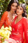 Dolly J_Orange Chiffon Embroidery Floral Paan Neck Ariel Zardozi Kurta Sharara Set _Online_at_Aza_Fashions