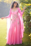 Buy_Dolly J_Pink Chiffon Embroidery Floral V Neck Devorah Parsi _at_Aza_Fashions