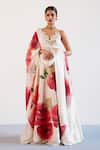 Buy_Devnaagri_Ivory Silk Chanderi Hand Paint Iris Sweetheart Neck Rose Lehenga Set _at_Aza_Fashions