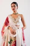 Buy_Devnaagri_Ivory Silk Chanderi Hand Paint Iris Sweetheart Neck Rose Lehenga Set 