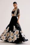 Devnaagri_Black Silk Chanderi Hand Paint Daisy Sweetheart Neck Lehenga Set _Online_at_Aza_Fashions