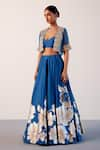 Devnaagri_Blue Silk Chanderi Hand Paint Daisy Bloom Sweetheart Neck Lehenga Set _Online_at_Aza_Fashions