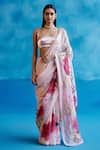 Buy_Devnaagri_Pink Silk Organza Hand Paint Phool Deep Round Neck Saree With Blouse _at_Aza_Fashions