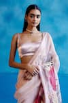 Devnaagri_Pink Silk Organza Hand Paint Phool Deep Round Neck Saree With Blouse _Online_at_Aza_Fashions