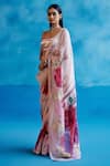 Buy_Devnaagri_Pink Silk Organza Hand Paint Phool Deep Round Neck Saree With Blouse _Online_at_Aza_Fashions