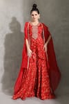 Buy_Shreya J Label_Red Chinon And Organza Print Floral Cape Front Open Sharara Set With_Online_at_Aza_Fashions