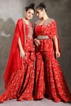 Shop_Shreya J Label_Red Chinon And Organza Print Floral Cape Front Open Sharara Set With