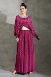 Shreya J Label_Purple Crepe Print Geometric Round Neck Top With Pleated Pant _Online_at_Aza_Fashions