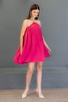 Buy_Ozel_Pink Sandwash Satin Pleated Halter Alice Short Neck Dress _Online_at_Aza_Fashions