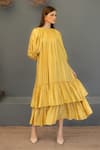 Buy_Ozel_Yellow Linen Satin Plain Round Ariana Tiered Gathered Midi Dress_at_Aza_Fashions