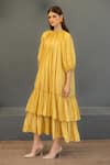 Ozel_Yellow Linen Satin Plain Round Ariana Tiered Gathered Midi Dress_Online_at_Aza_Fashions