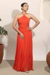 Buy_Ozel_Orange Georgette Halter Coco Neck Flared Gown_at_Aza_Fashions