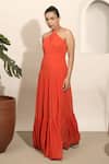 Buy_Ozel_Orange Georgette Halter Coco Neck Flared Gown_Online_at_Aza_Fashions
