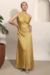 Buy_Ozel_Yellow Modal Satin Printed One-shoulder Dolce One Gown _at_Aza_Fashions