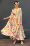 Buy_Ozel_Pink Bemberg Satin Printed Floral Boat Eva Gathered Kaftan_at_Aza_Fashions