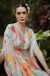 Shop_Ozel_Pink Bemberg Satin Printed Floral Boat Eva Gathered Kaftan_Online_at_Aza_Fashions