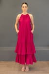 Buy_Ozel_Pink Linen Satin Solid Halter Layla Neck Tiered Maxi Dress_at_Aza_Fashions