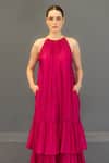 Ozel_Pink Linen Satin Solid Halter Layla Neck Tiered Maxi Dress_Online_at_Aza_Fashions