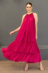 Buy_Ozel_Pink Linen Satin Solid Halter Layla Neck Tiered Maxi Dress_Online_at_Aza_Fashions
