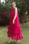 Shop_Ozel_Pink Linen Satin Solid Halter Layla Neck Tiered Maxi Dress_Online_at_Aza_Fashions